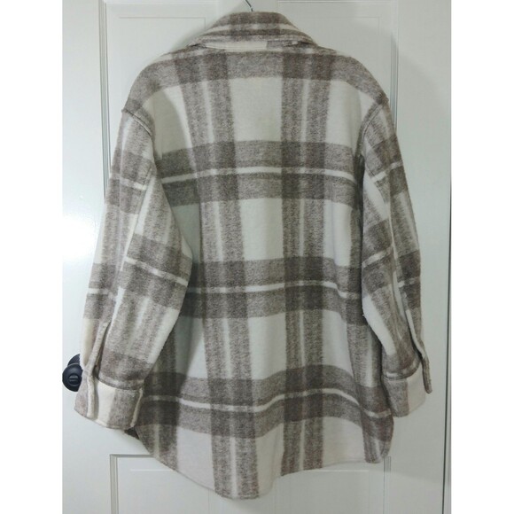 H&M Woven Flannel Button Front Shacket Sz M White Beige Plaid Pockets Oversized - Picture 5 of 14